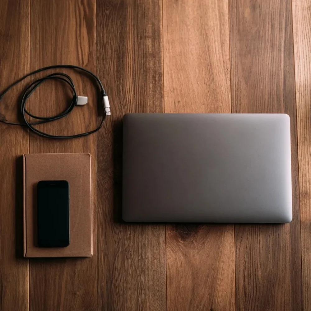 Ordinateur fermé, câble débranché, carnet et téléphone rangés