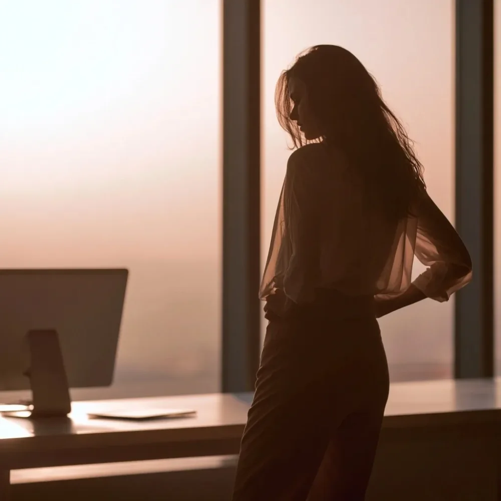 Femme prenant du recul près d’une fenêtre après un échange en ligne