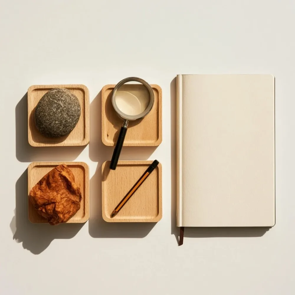 Plateaux, galets, loupe, crayon et carnet vierge pour classer des observations