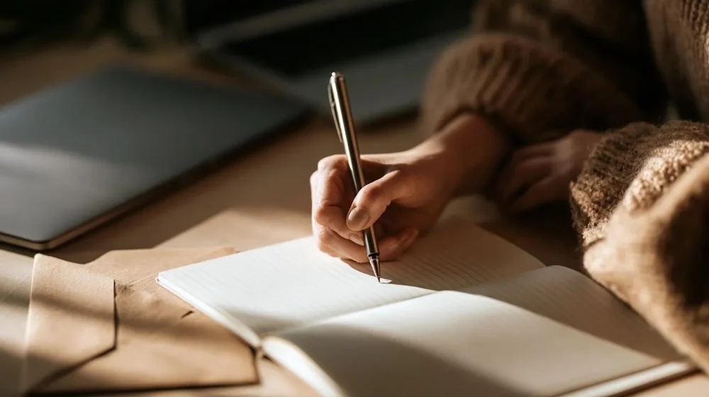 Main écrivant une question dans un carnet vierge avant une séance en ligne